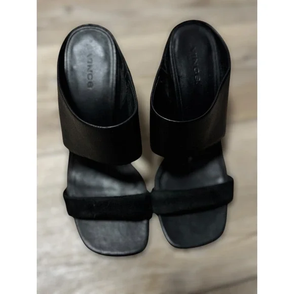 Vince Stylish Quinn Black Leather Suede Block Heel Mule Sandals Women's Size 7.5 - Picture 9 of 9
